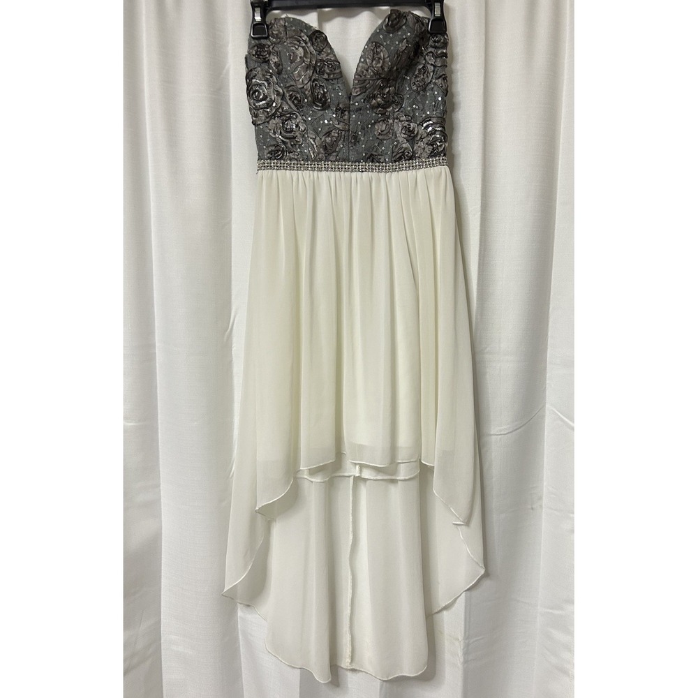 Vintage Deb Formal Prom Dress Hi Lo Sequin Strapless Silver White Y2K 3